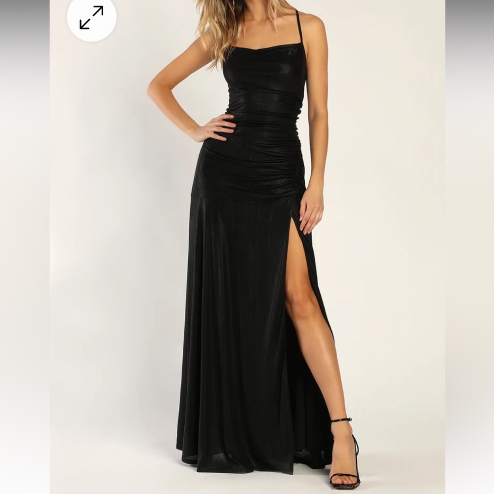 Lulus Stunning Nights Shiny Black Cowl Neck Lace Up Back Maxi Dress Size L NWT!